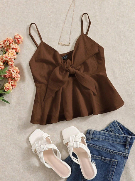 SHEIN WYWH Knot Front Ruffle Hem Cami Top - Details Description Design Ruffle Hem, Knot, Shirred Neckline Spaghetti Strap Style Casual Type Cami Hem Shaped Flared Color Coffee Brown Pattern Type Plain Length Regular Fit Type Slim Fit Fabric Non-Stretch Ma