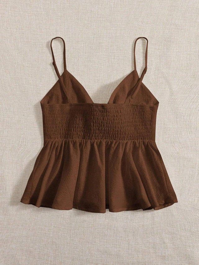 SHEIN WYWH Knot Front Ruffle Hem Cami Top - Details Description Design Ruffle Hem, Knot, Shirred Neckline Spaghetti Strap Style Casual Type Cami Hem Shaped Flared Color Coffee Brown Pattern Type Plain Length Regular Fit Type Slim Fit Fabric Non-Stretch Ma
