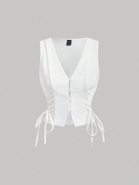 Buttoned Strap Side Tie At Waist Summer Tank Top - Feature Description Details Lace Up, Asymmetrical, Button Neckline V Neck Style Casual Type Tank Hem Shape Asymmetrical Color White Pattern Type Plain Length Regular Fit Type Regular Fit Fabric Medium Str
