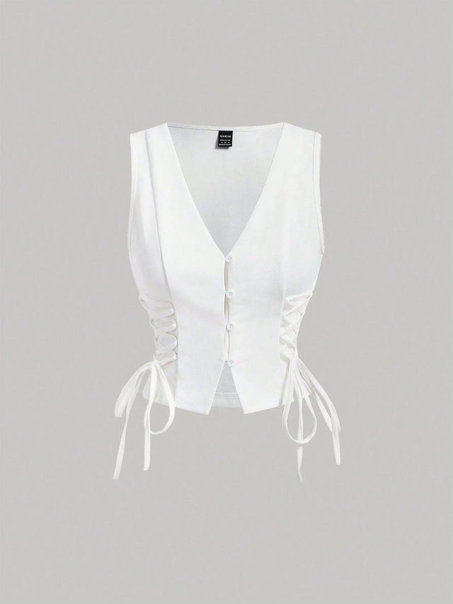Buttoned Strap Side Tie At Waist Summer Tank Top - Feature Description Details Lace Up, Asymmetrical, Button Neckline V Neck Style Casual Type Tank Hem Shape Asymmetrical Color White Pattern Type Plain Length Regular Fit Type Regular Fit Fabric Medium Str