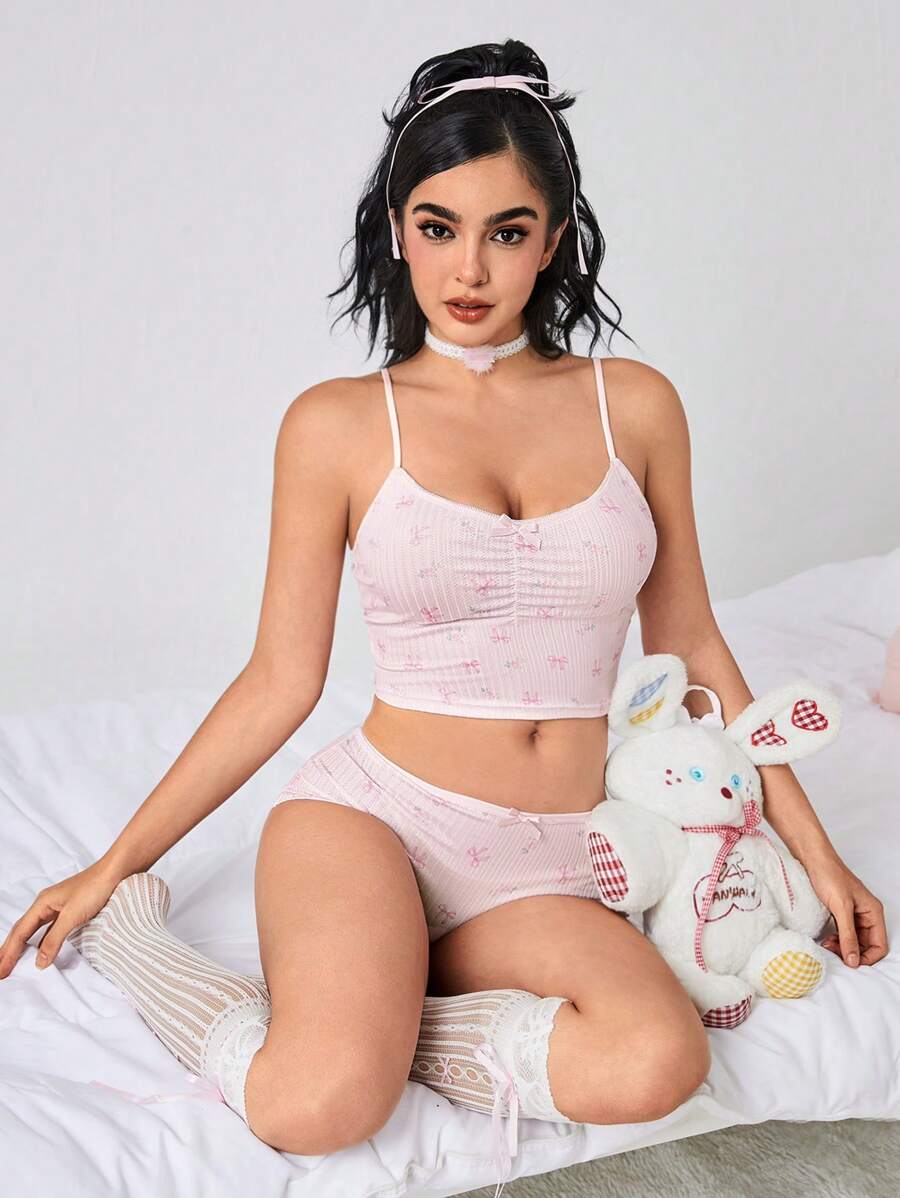 Small bow decor & floral print cami and panty set