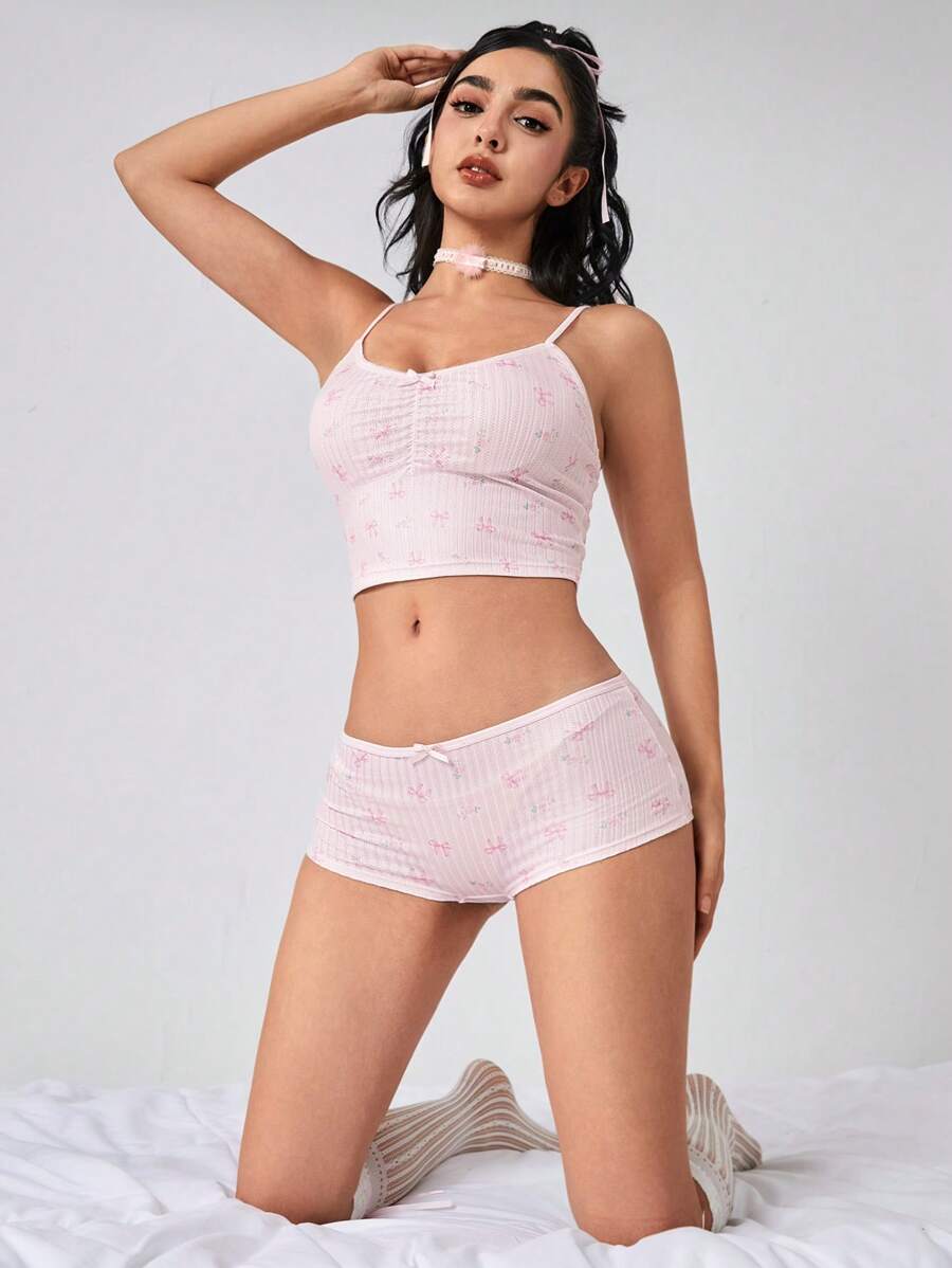 Small bow decor & floral print cami and panty set