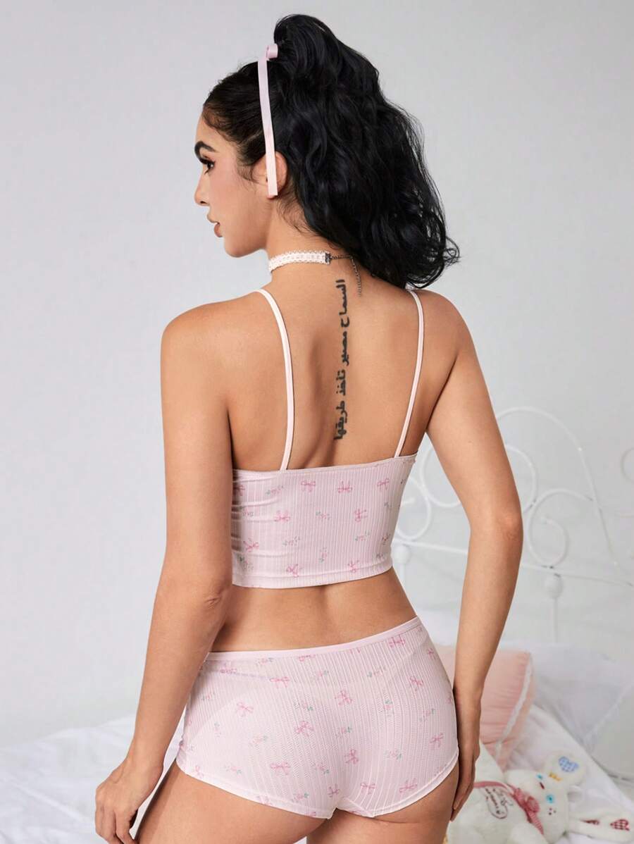 Small bow decor & floral print cami and panty set