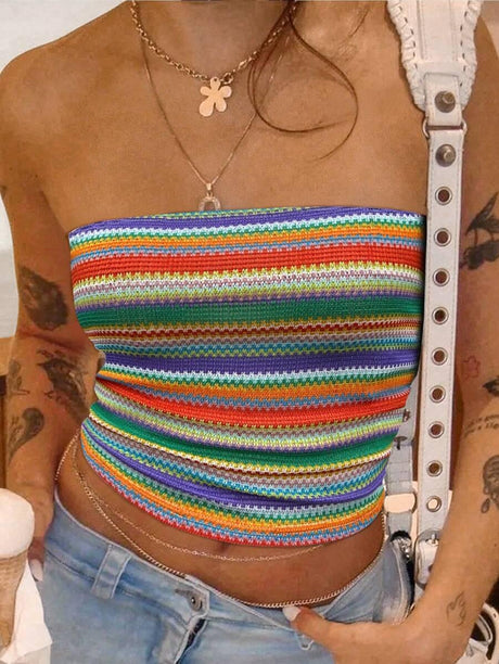 Summer Slim Fit Tube Top Colorful Stripes - Aadima Nepal -online shopping Nepal - Fashion -Buy Clothing Online  in Nepal