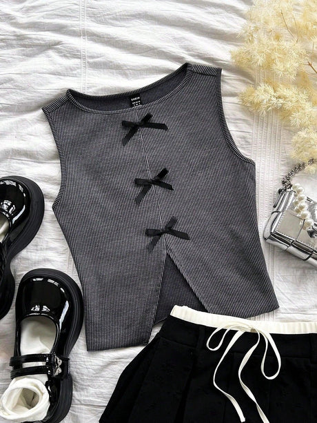 Online Shopping Nepal - Buy SHEIN Dreamara Retro Gray Striped Vest with Bow in Nepal