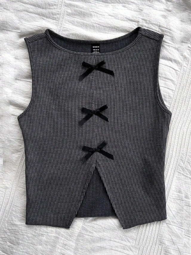 Online Shopping Nepal - Buy SHEIN Dreamara Retro Gray Striped Vest with Bow in Nepal
