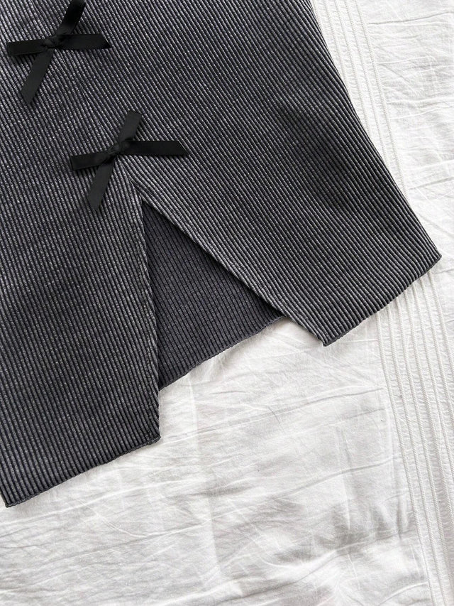 Online Shopping Nepal - Buy SHEIN Dreamara Retro Gray Striped Vest with Bow in Nepal