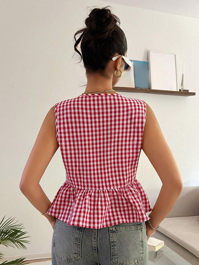 Online shopping Nepal - Buy Comfortcana Red Plaid Sleeveless Peplum Top in Nepal