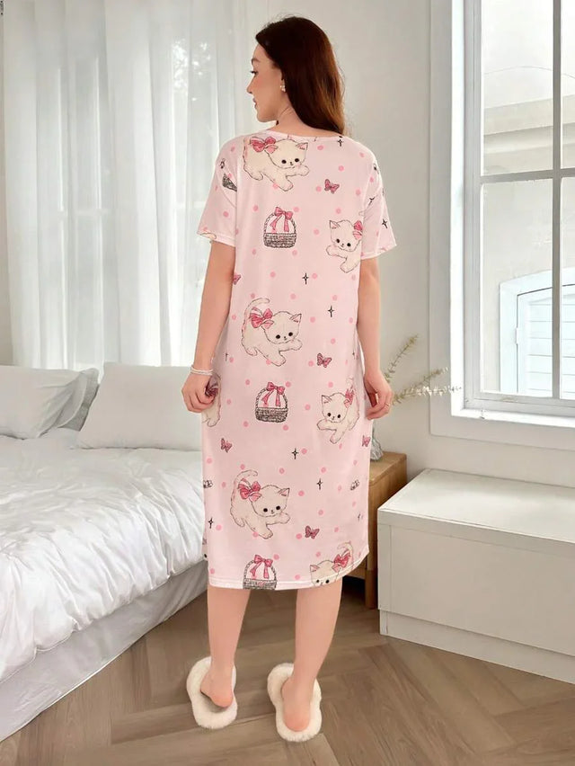 Round Neck Short Sleeve Cat Print T-Shirt Nightgown - Aadima Nepal -online shopping Nepal - Fashion -Buy Clothing Online in Nepal