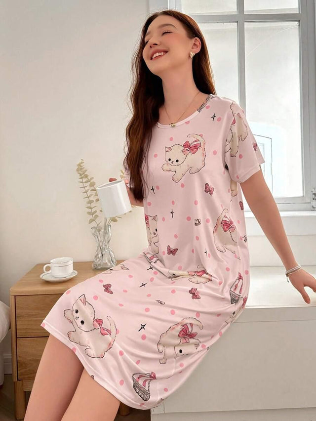 Round Neck Short Sleeve Cat Print T-Shirt Nightgown - Aadima Nepal -online shopping Nepal - Fashion -Buy Clothing Online in Nepal