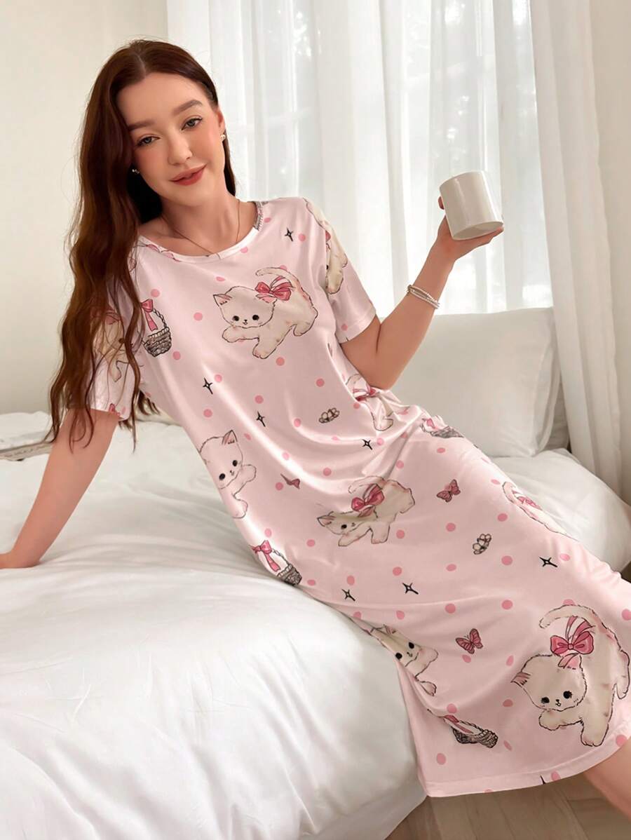 Round Neck Short Sleeve Cat Print T-Shirt Nightgown