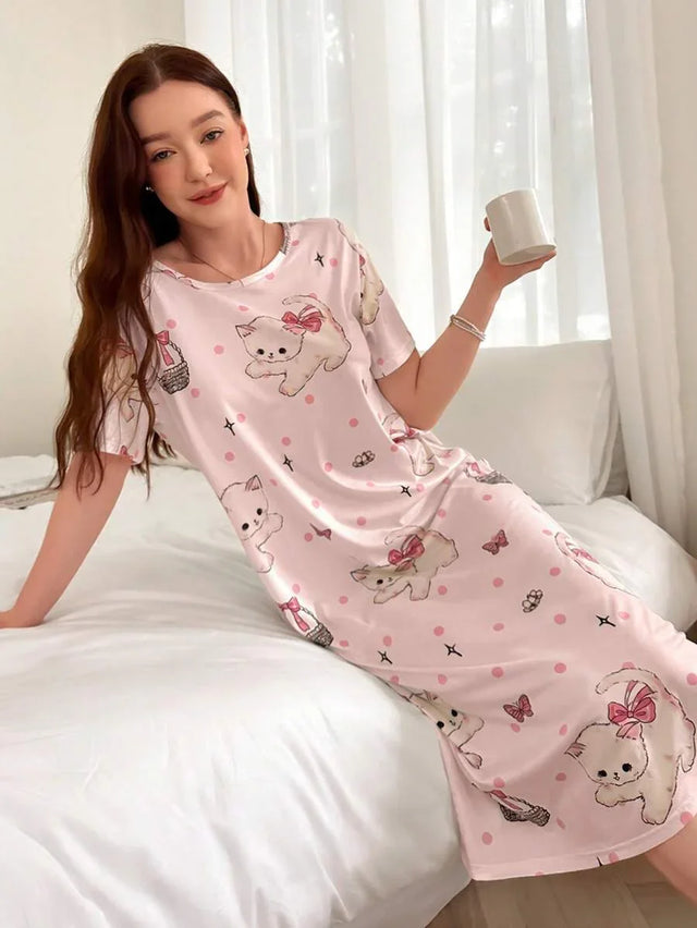 Round Neck Short Sleeve Cat Print T-Shirt Nightgown - Aadima Nepal -online shopping Nepal - Fashion -Buy Clothing Online in Nepal