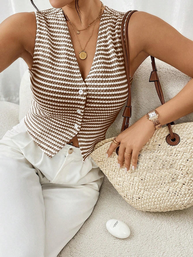 Frenchy V-Neck Striped Sleeveless Tank Top - Feature Description Details Asymmetrical, Button, Button Front Neckline V Neck Style Casual Type Tank Hem Shape Asymmetrical Color Coffee Brown Pattern Type Striped Length Regular Fit Type Slim Fit Fabric High