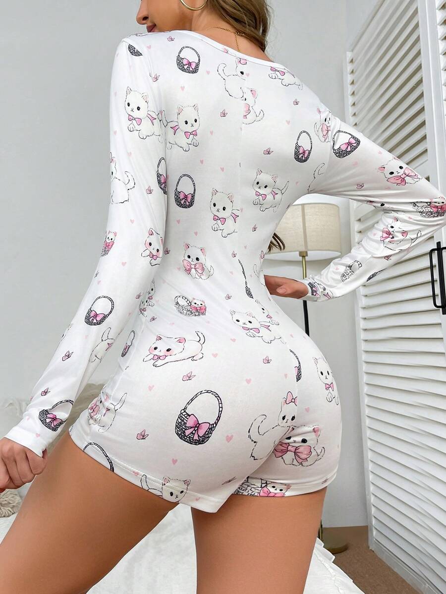 1pc Cute Cat & Bow Print Women Romper Pajamas