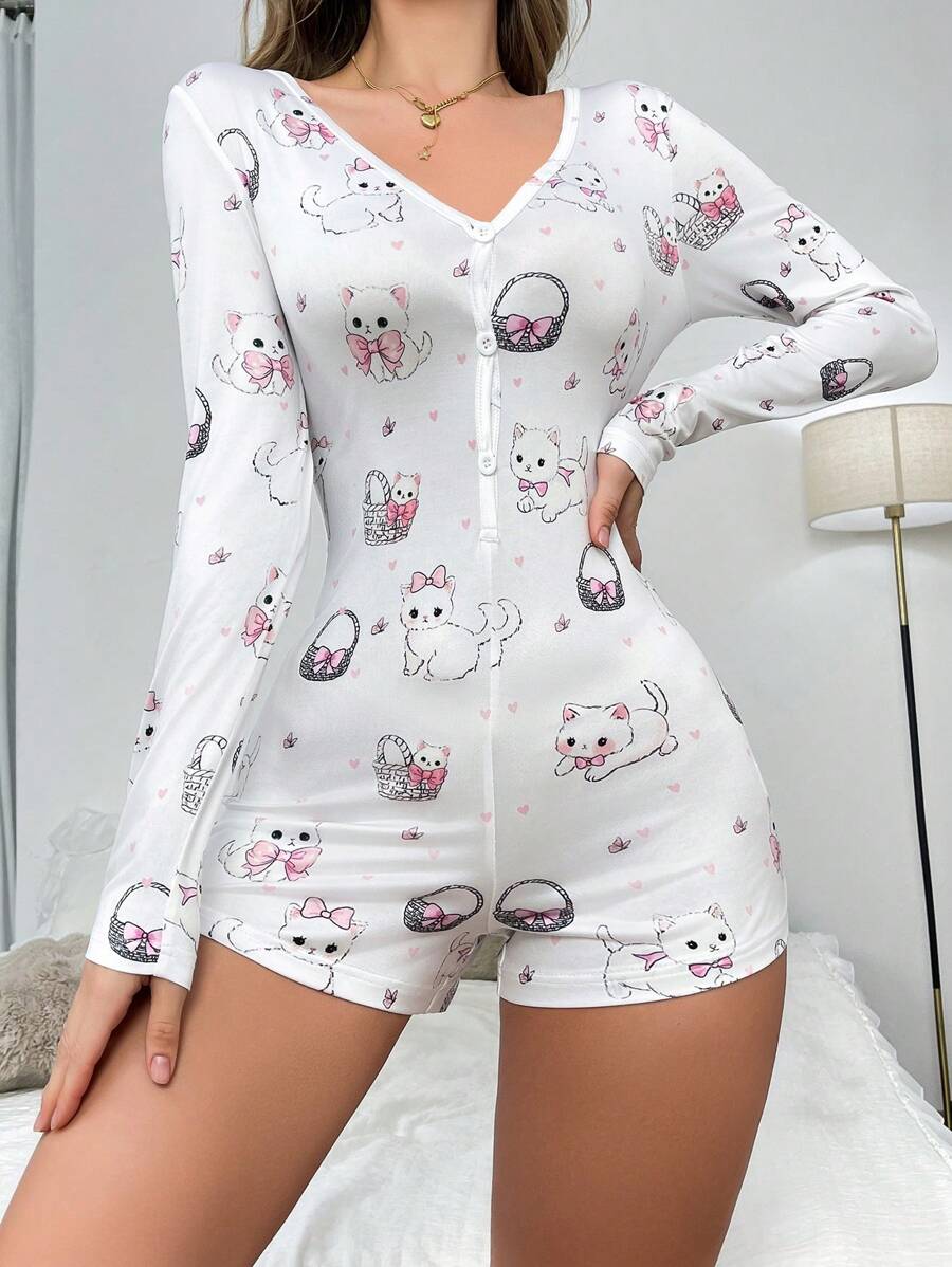 1pc Cute Cat & Bow Print Women Romper Pajamas