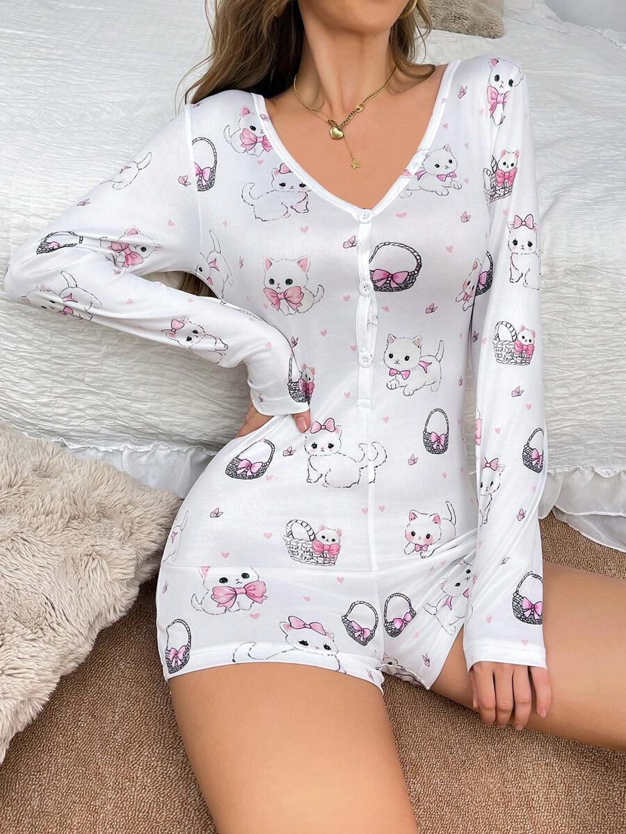 1pc Cute Cat & Bow Print Women Romper Pajamas