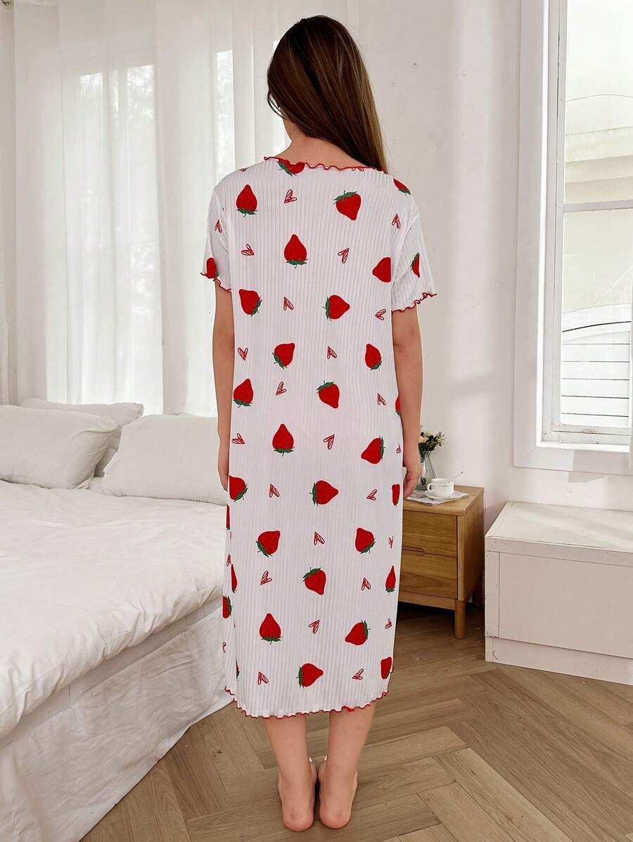 Casual Strawberry & Heart Print Short Sleeve Sleepshirt