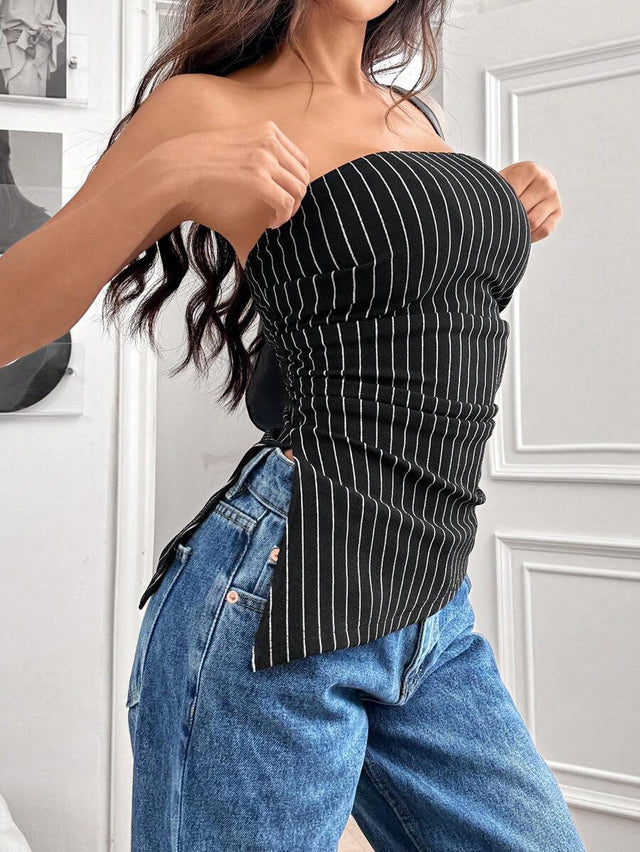 Striped Women's Asymmetric Cropped Top - Aadima Nepal -online shopping Nepal - Fashion -Buy Clothing Online in Nepal