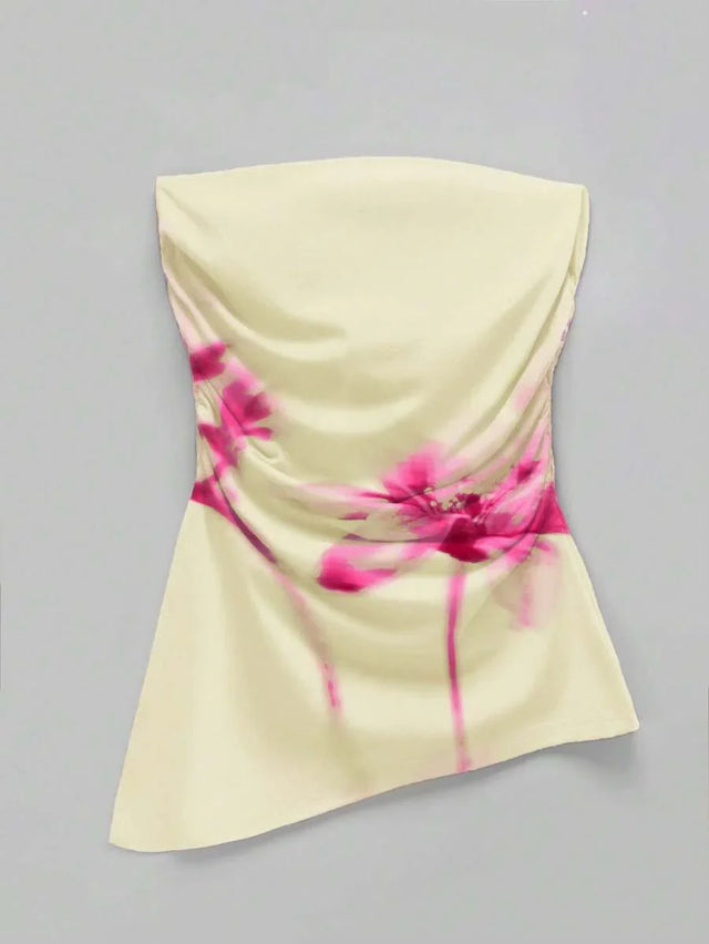 Floral Print Ruched Asymmetric bandeu Top - Aadima Nepal -online shopping Nepal - Fashion -Buy Clothing Online in Nepal