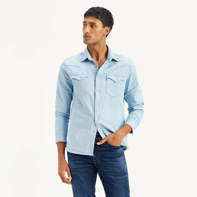 Solid Slim Fit Denim Shirt - Aadima Nepal -online shopping Nepal - Fashion -Buy Clothing Online in Nepal