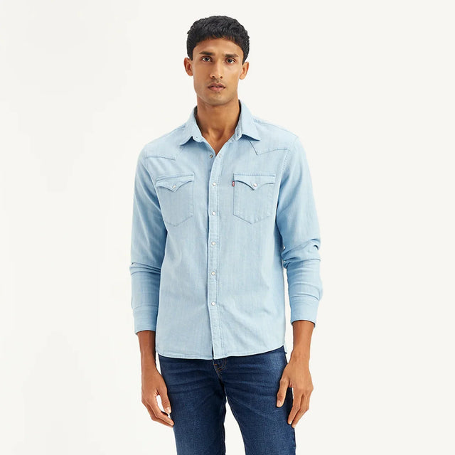 Solid Slim Fit Denim Shirt - Aadima Nepal -online shopping Nepal - Fashion -Buy Clothing Online in Nepal