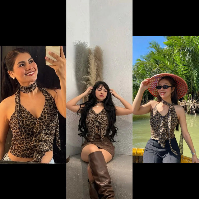 Leopard & Ruffle Backless Halter Top With Tie Neck - Aadima Nepal -online shopping Nepal - Fashion -Buy Clothing Online in Nepal