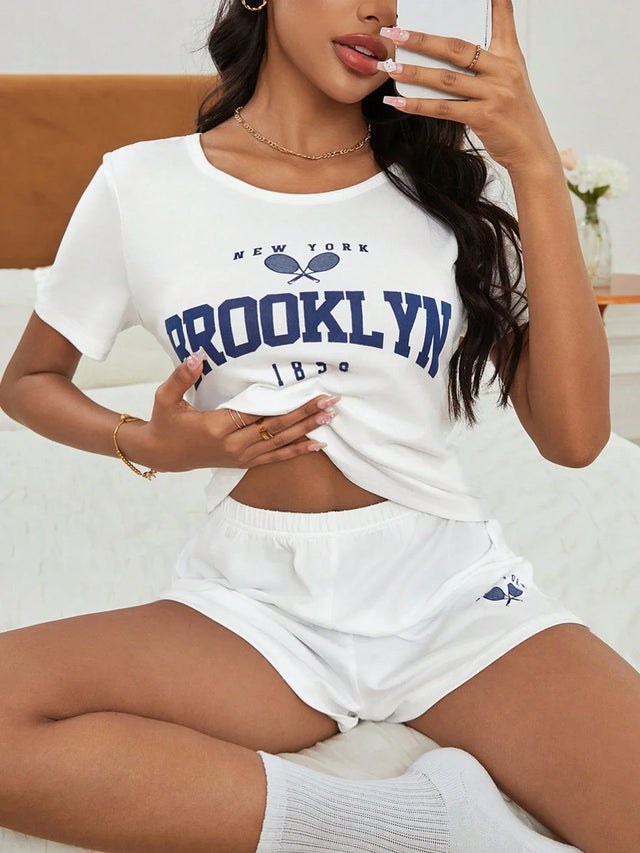 Letter Graphic Tee & Shorts PJ Set