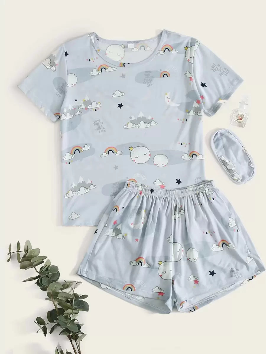 Cloud Print Pajama Set with Eye Cover