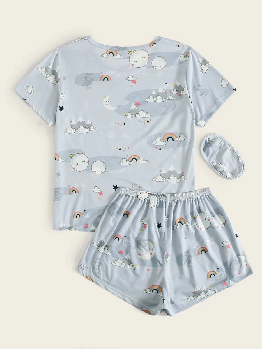 Cloud Print Pajama Set with Eye Cover