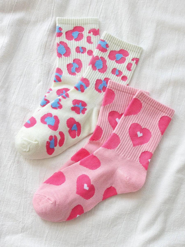 2pairs Heart Print Crew Socks