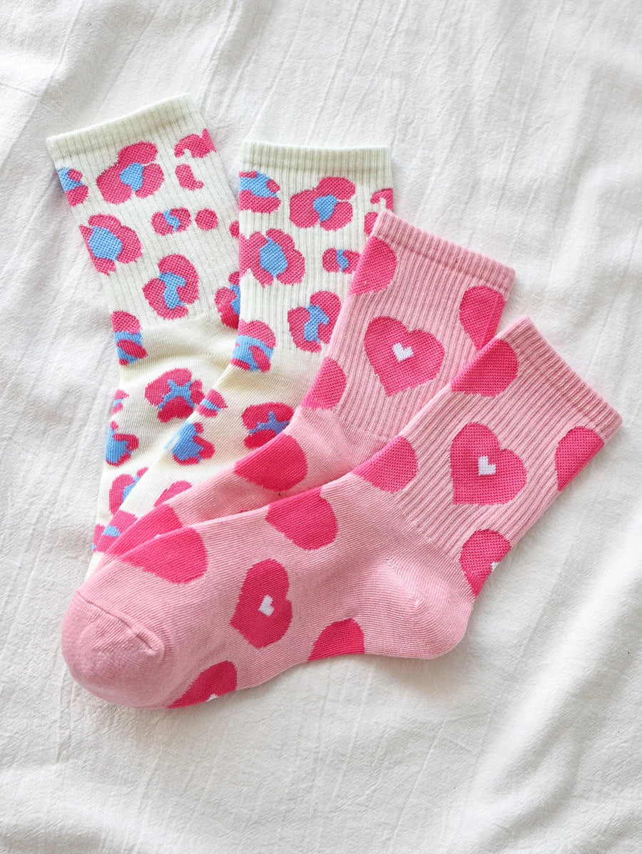 2pairs Heart Print Crew Socks