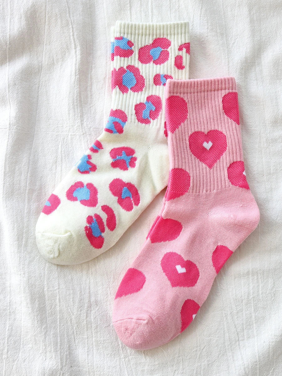 2pairs Heart Print Crew Socks
