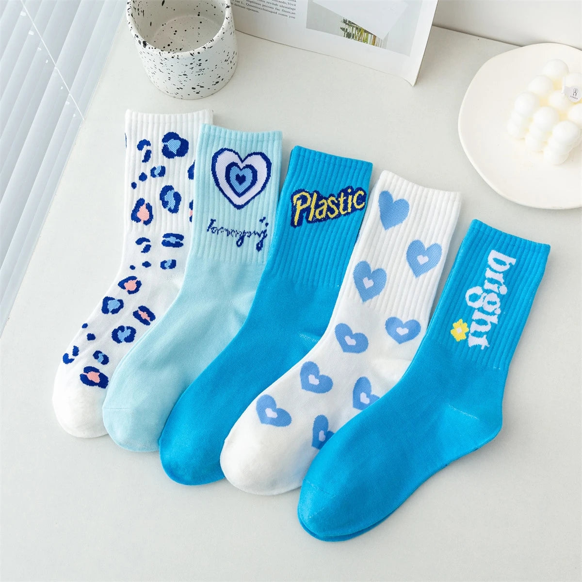 5 PAIR/PACK LADIES RANDOM BLUE CASUAL SOCKS