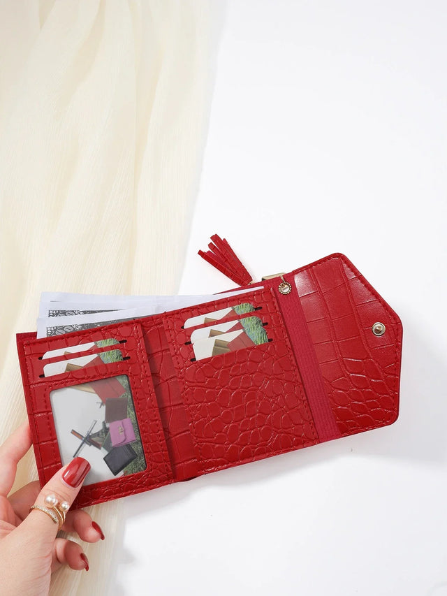 Croc Leather Tri‑Fold Mini Wallet – Red