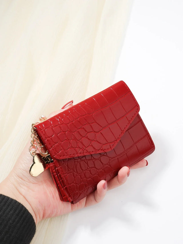 Croc Leather Tri‑Fold Mini Wallet – Red