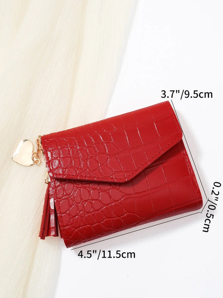Croc Leather Tri‑Fold Mini Wallet – Red