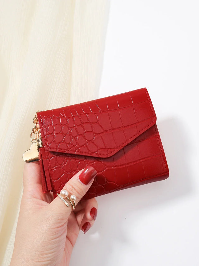 Croc Leather Tri‑Fold Mini Wallet – Red
