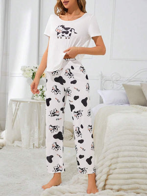 Cartoon Cow Pattern Women Pajama Set