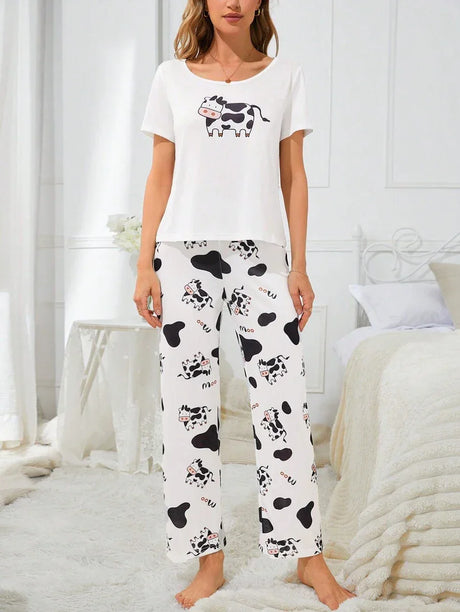 Cartoon Cow Pattern Women Pajama Set