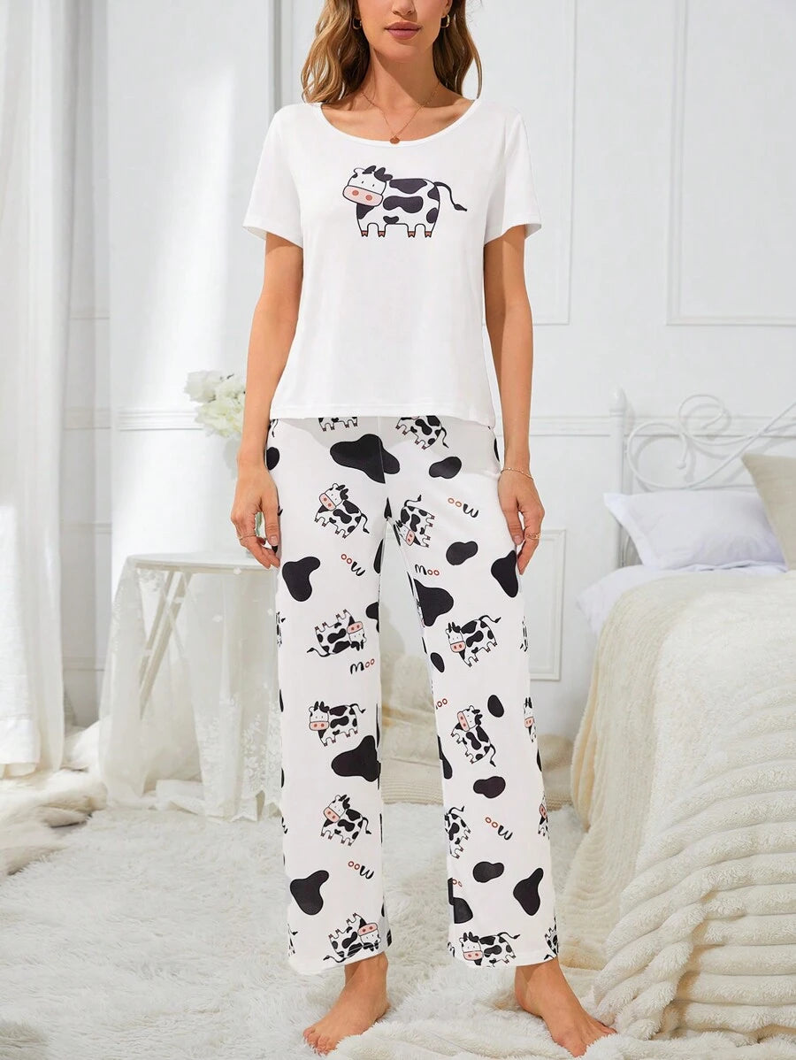 Cartoon Cow Pattern Women Pajama Set