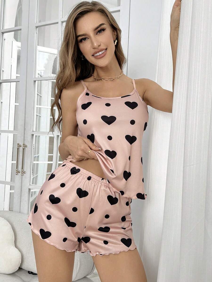 Sleeveless Camisole Heart Print Pajama Set