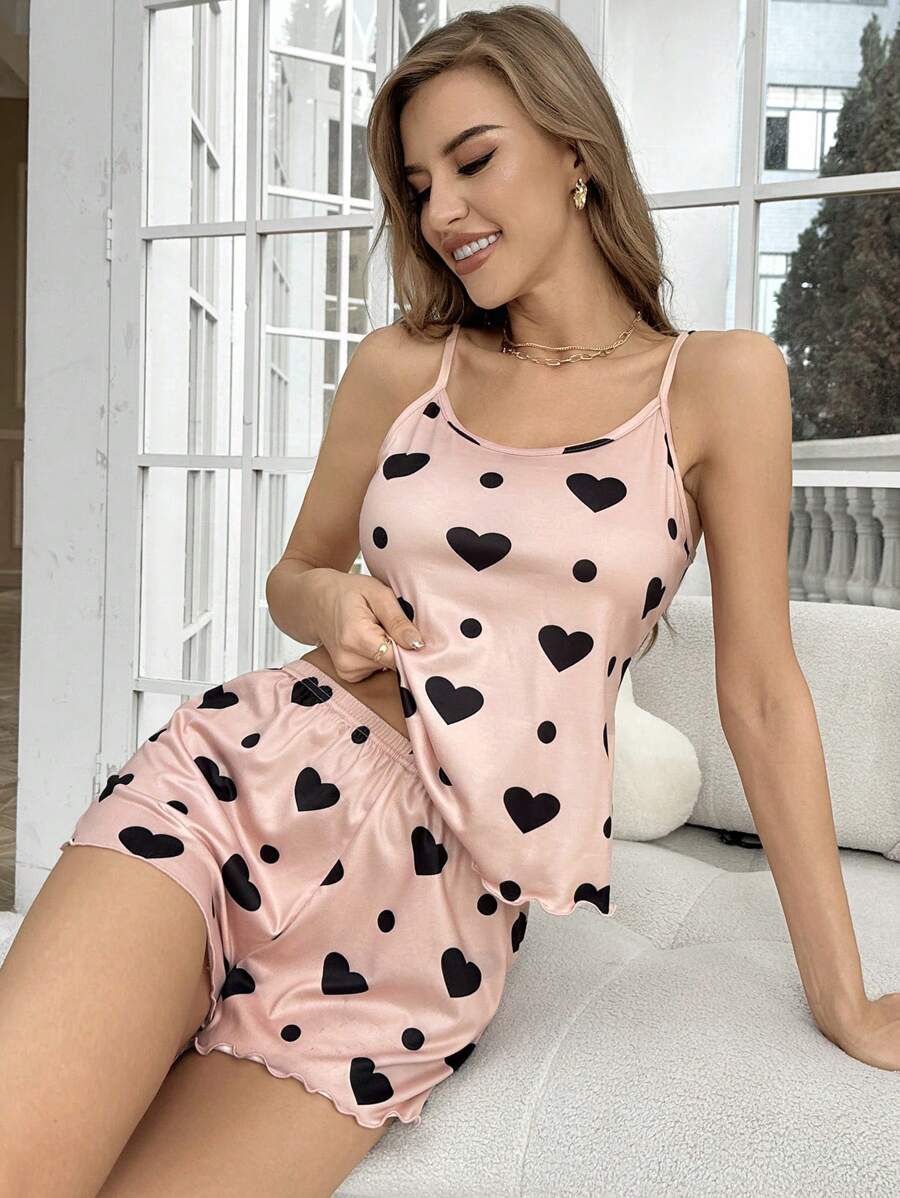 Sleeveless Camisole Heart Print Pajama Set