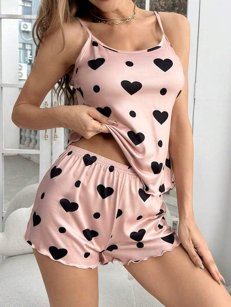 Sleeveless Camisole Heart Print Pajama Set