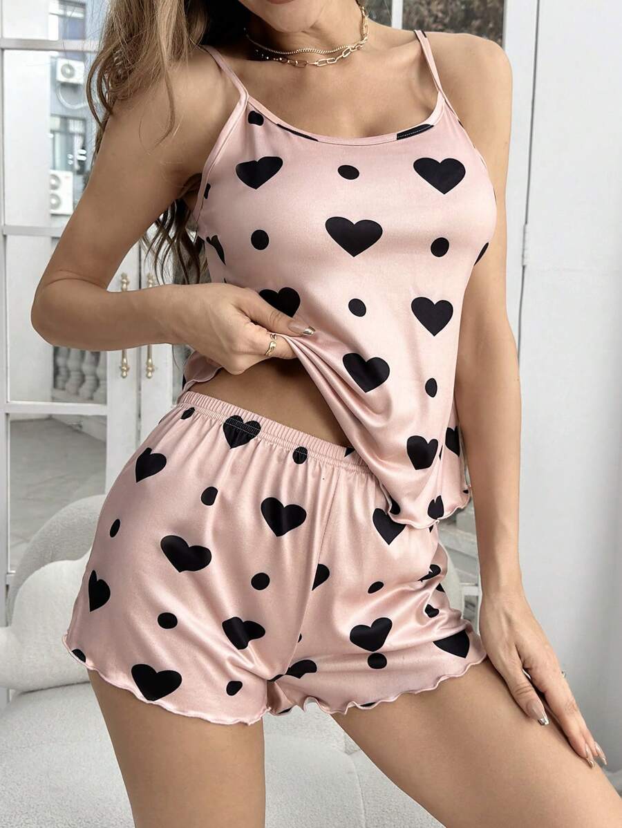 Sleeveless Camisole Heart Print Pajama Set