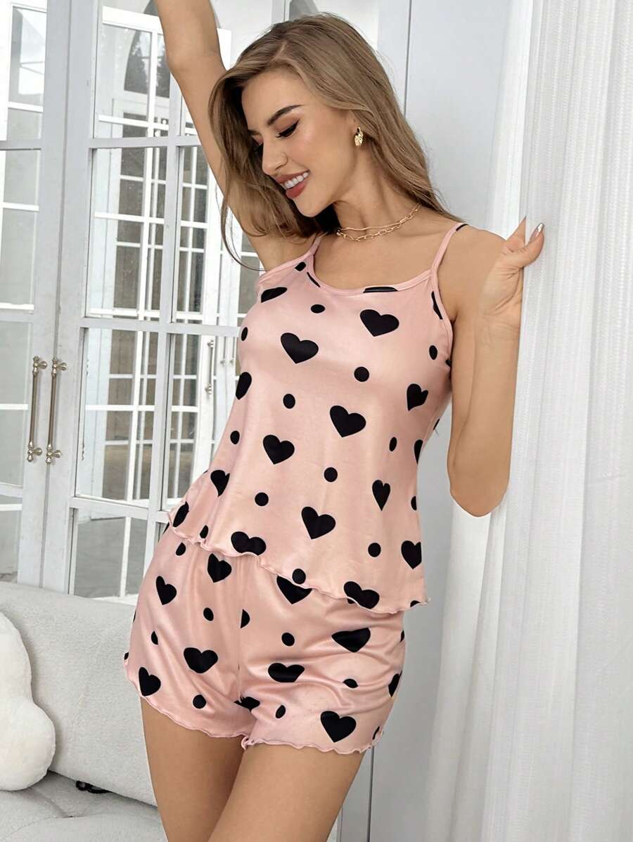 Sleeveless Camisole Heart Print Pajama Set