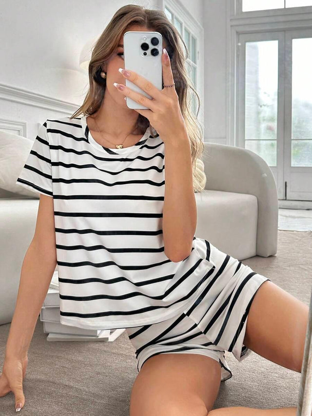 Black & White Stripe Women's  Short Sleeve PJ Set