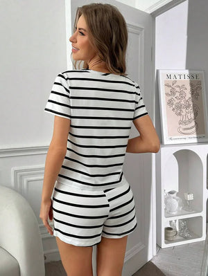 Black & White Stripe Women's  Short Sleeve PJ Set