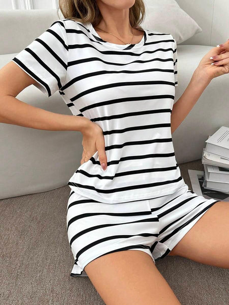 Black & White Stripe Women's  Short Sleeve PJ Set