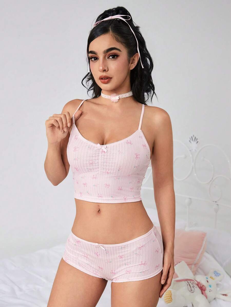 Small bow decor & floral print cami and panty set