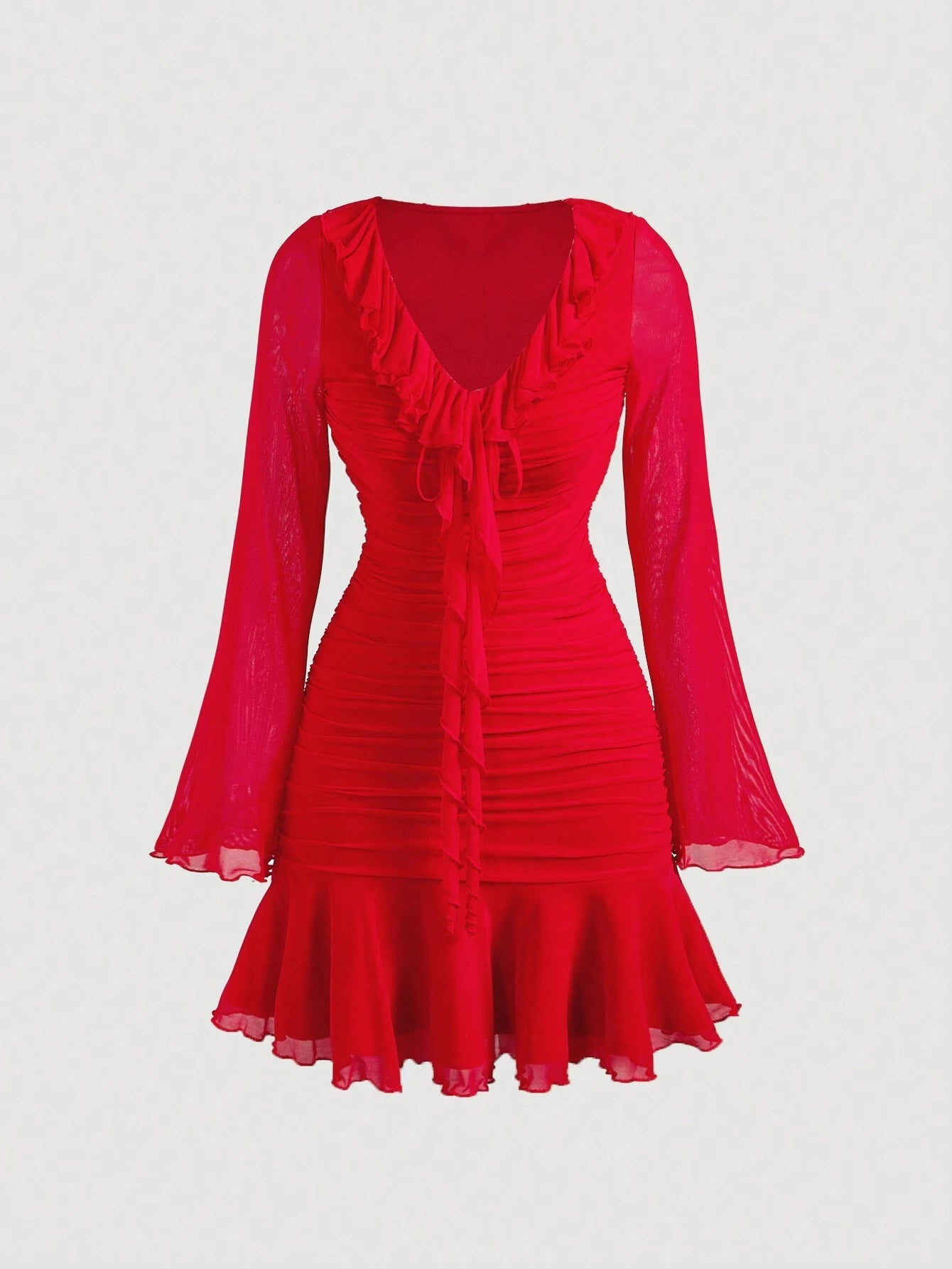 V-Neck Ruffle Long Sleeve  Dress
